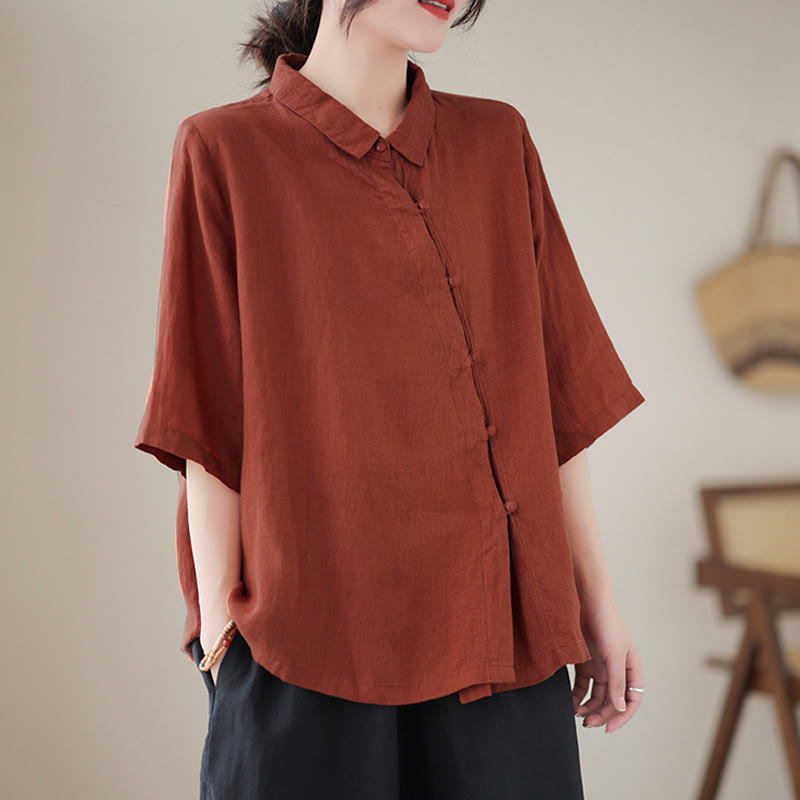 Buddha Stones Lapel Frog-Button Diagonal Placket Design Three Quarter Sleeve Women's Cotton Shirt - image 2