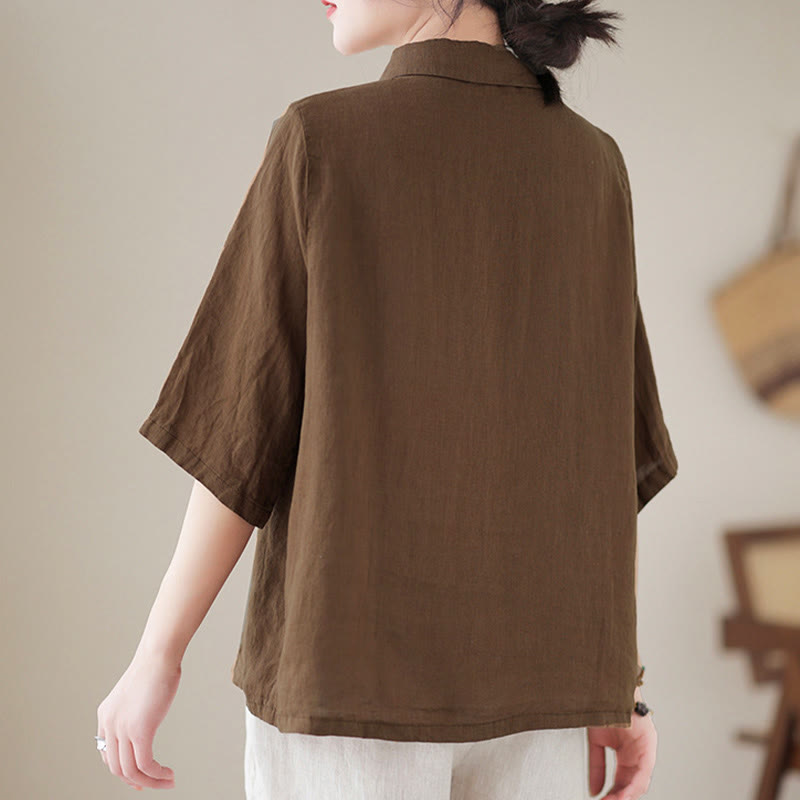 Buddha Stones Lapel Frog-Button Diagonal Placket Design Three Quarter Sleeve Women's Cotton Shirt - image 15