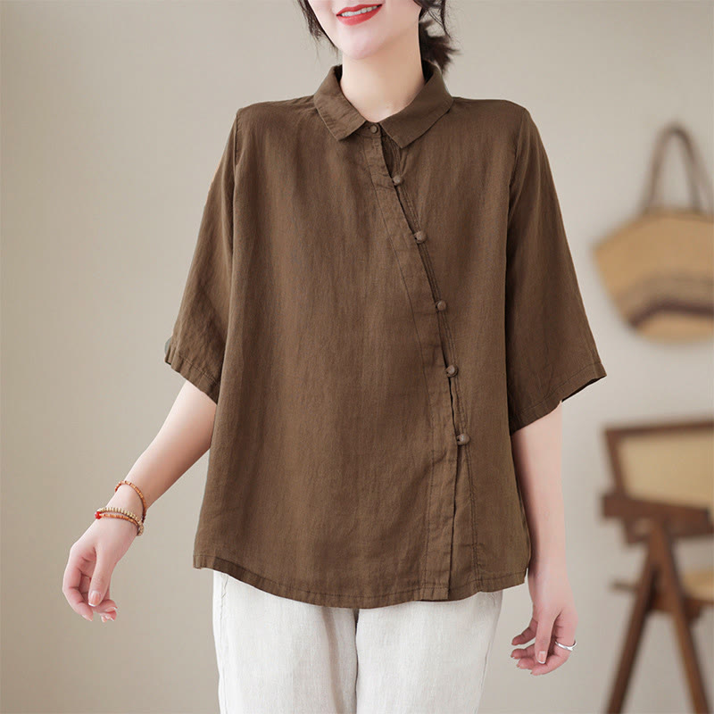 Buddha Stones Lapel Frog-Button Diagonal Placket Design Three Quarter Sleeve Women's Cotton Shirt - SaddleBrown - US8-10，UK/AU12-14，EU40-42 (2XL) - image 13