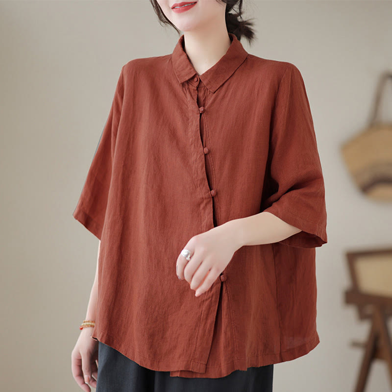Buddha Stones Lapel Frog-Button Diagonal Placket Design Three Quarter Sleeve Women's Cotton Shirt - image 1