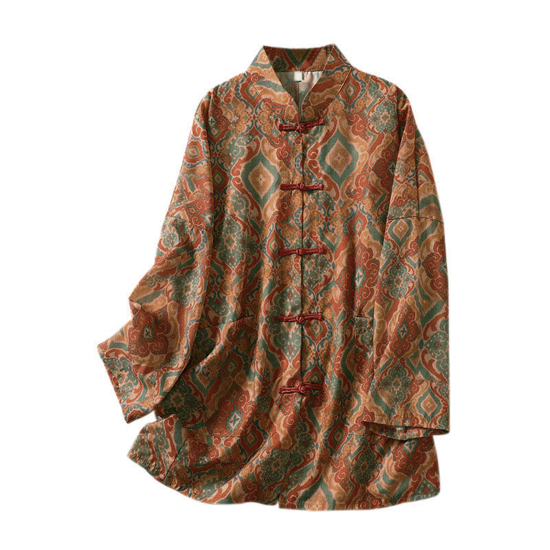 Buddha Stones Printing Chinese Frog-Button Long Sleeve Stand Collar Women's Shirt With Pockets - image 11