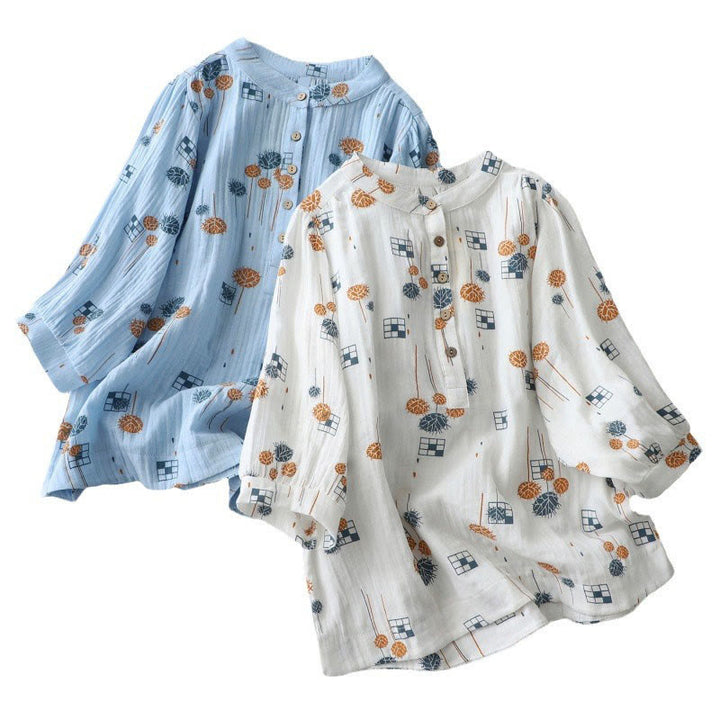 Buddha Stones Printed Half Button DesignThree Quarter Gathered Sleeve Women's Cotton Shirt - image 21