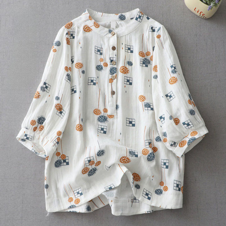 Buddha Stones Printed Half Button DesignThree Quarter Gathered Sleeve Women's Cotton Shirt - White - US6，UK/AU10，EU38 (XL) - image 0