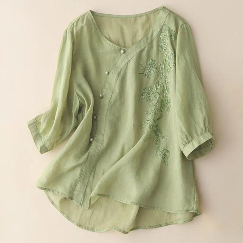 Buddha Stones Casual Loose Flower Embroidery Frog Button Short Sleeve Women's Shirt - YellowGreen - US14，UK/AU18，EU46 (4XL) - image 0