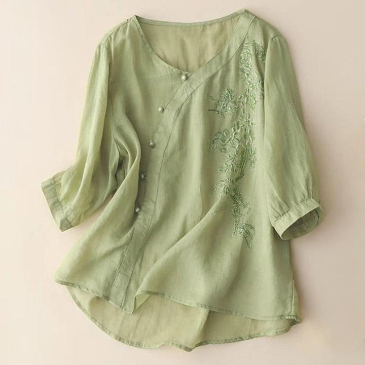 Buddha Stones Casual Loose Flower Embroidery Frog Button Short Sleeve Women's Shirt - YellowGreen - US14，UK/AU18，EU46 (4XL) - image 0