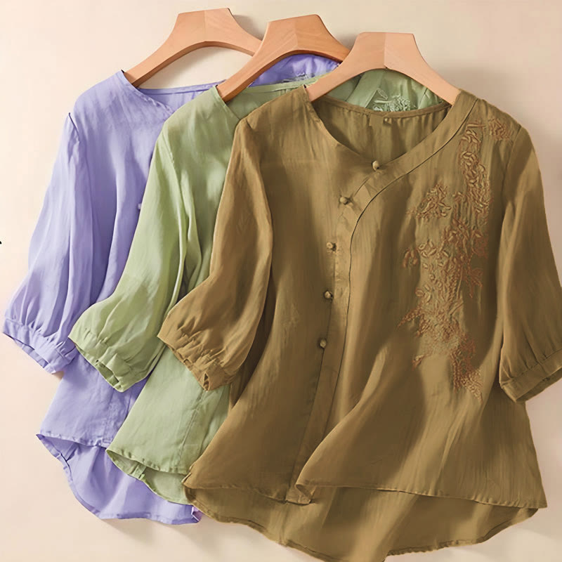 Buddha Stones Casual Loose Flower Embroidery Frog Button Short Sleeve Women's Shirt - image 9