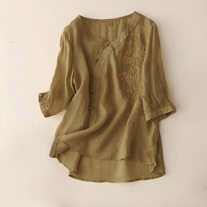 Buddha Stones Casual Loose Flower Embroidery Frog Button Short Sleeve Women's Shirt - DarkGoldenrod - US14，UK/AU18，EU46 (4XL) - image 5