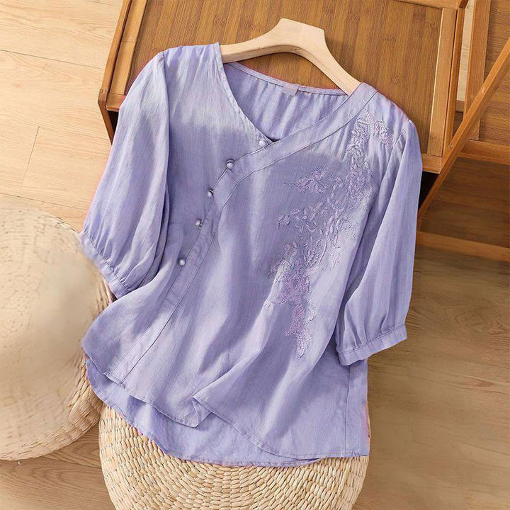 Buddha Stones Casual Loose Flower Embroidery Frog Button Short Sleeve Women's Shirt - image 3
