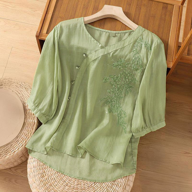 Buddha Stones Casual Loose Flower Embroidery Frog Button Short Sleeve Women's Shirt - image 1