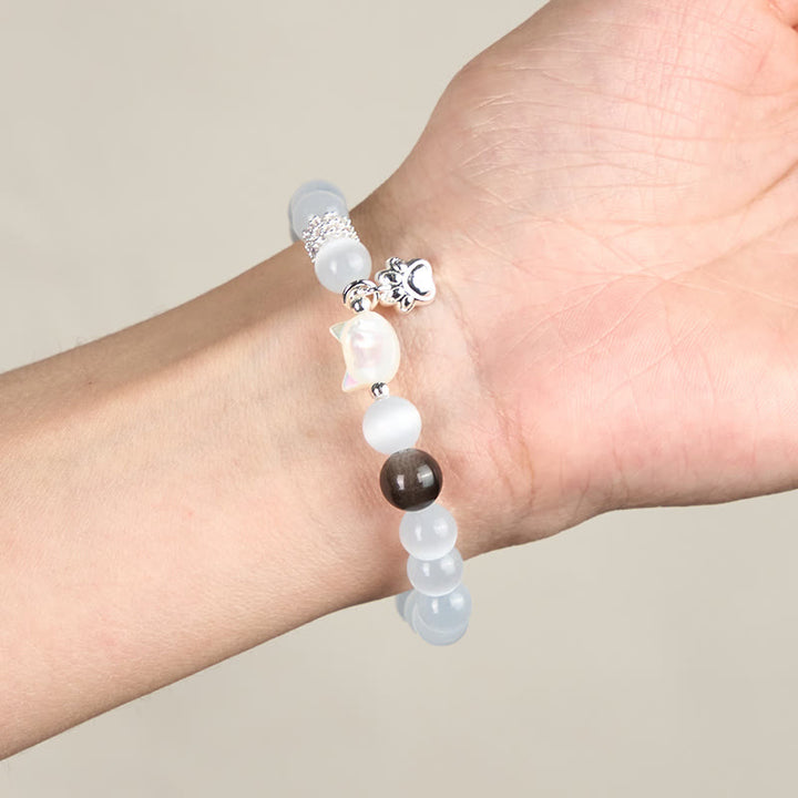 Buddha Stones Cat Head White Cat's Eye Silver Sheen Obsidian Positive Bracelet - image 4