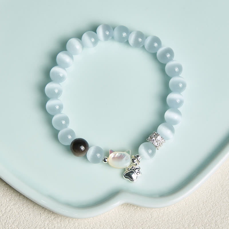 Buddha Stones Cat Head White Cat's Eye Silver Sheen Obsidian Positive Bracelet - image 3