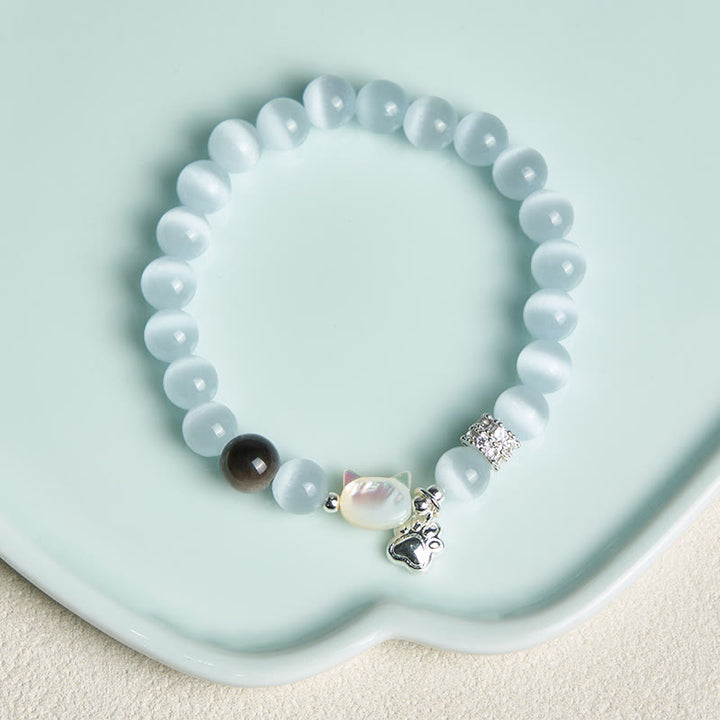 Buddha Stones Cat Head White Cat's Eye Silver Sheen Obsidian Positive Bracelet - image 3