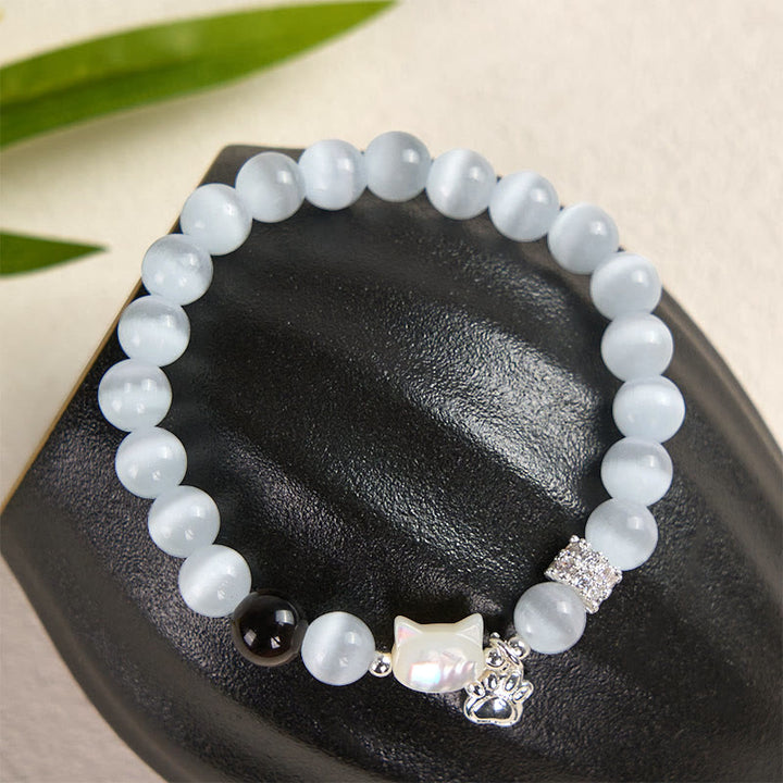 Buddha Stones Cat Head White Cat's Eye Silver Sheen Obsidian Positive Bracelet - image 2