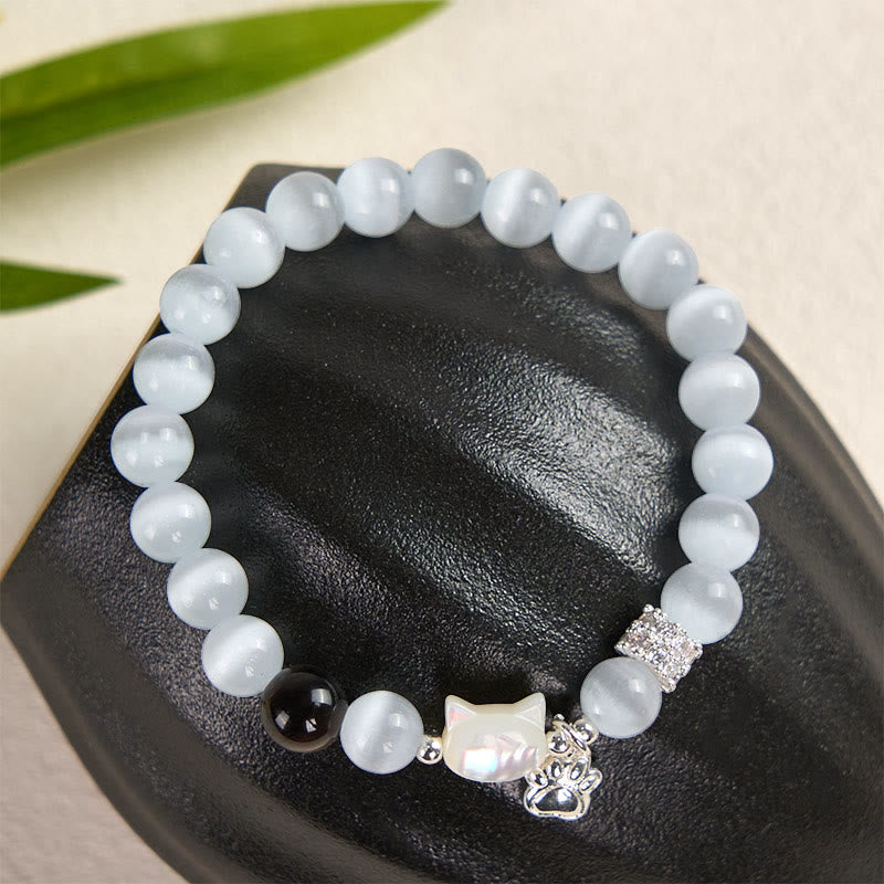 Buddha Stones Cat Head White Cat's Eye Silver Sheen Obsidian Positive Bracelet - image 2