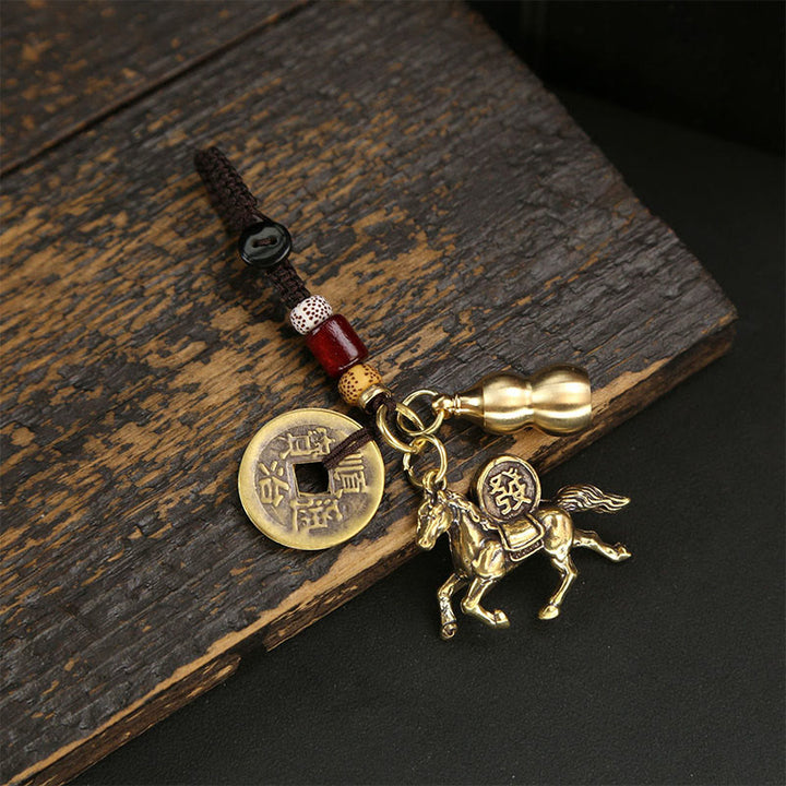 Buddha Stones Year Of The Horse Copper Brass Five-emperor Coins Pixiu Ward Off Evil Spirits Key Chain - Five-Emperor Coins Gourd Horse - image 0