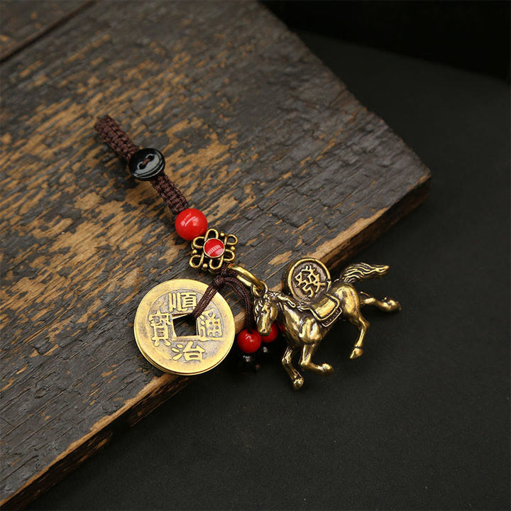 Buddha Stones Year Of The Horse Copper Brass Five-emperor Coins Pixiu Ward Off Evil Spirits Key Chain - Red Bead Peach Blossom Five-Emperor Coins Horse - image 11
