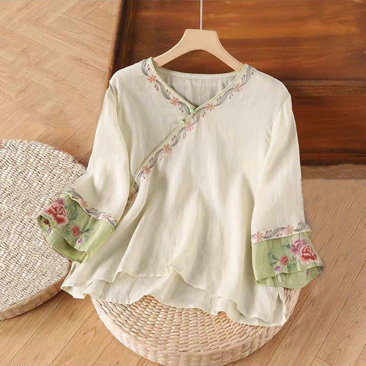 Buddha Stones Spring Retro Embroidery Button Design Three Quarter Sleeve Women's Cotton Shirt - BlanchedAlmond - US12，UK/AU16，EU44 (4XL) - image 0