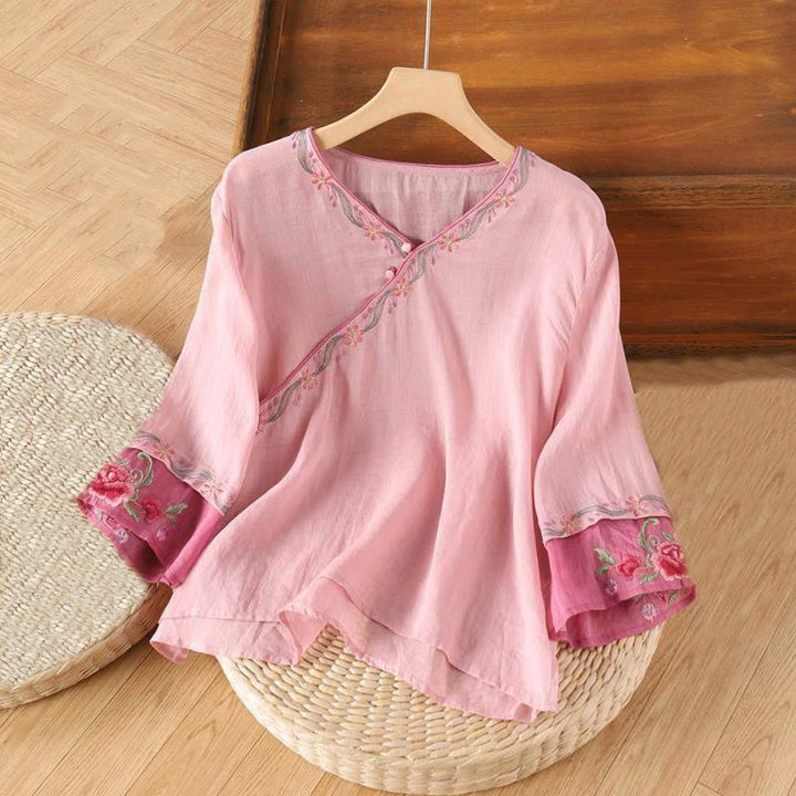 Buddha Stones Spring Retro Embroidery Button Design Three Quarter Sleeve Women's Cotton Shirt - LightPink - US12，UK/AU16，EU44 (4XL) - image 1