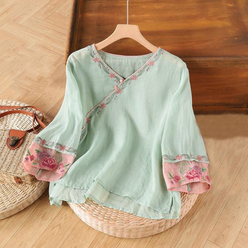 Buddha Stones Spring Retro Embroidery Button Design Three Quarter Sleeve Women's Cotton Shirt - PowderBlue - US12，UK/AU16，EU44 (4XL) - image 3