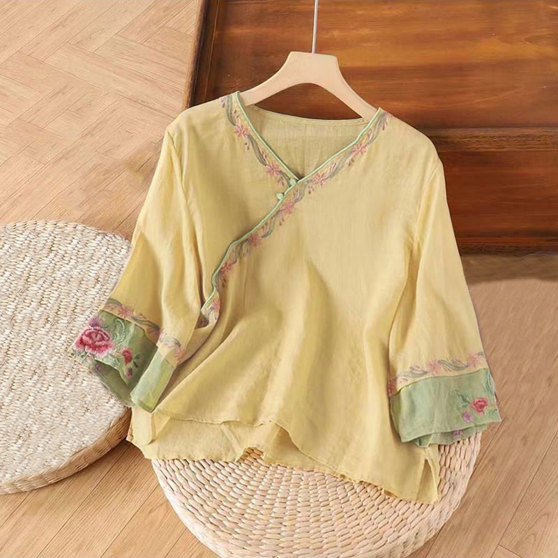Buddha Stones Spring Retro Embroidery Button Design Three Quarter Sleeve Women's Cotton Shirt - Khaki - US12，UK/AU16，EU44 (4XL) - image 4