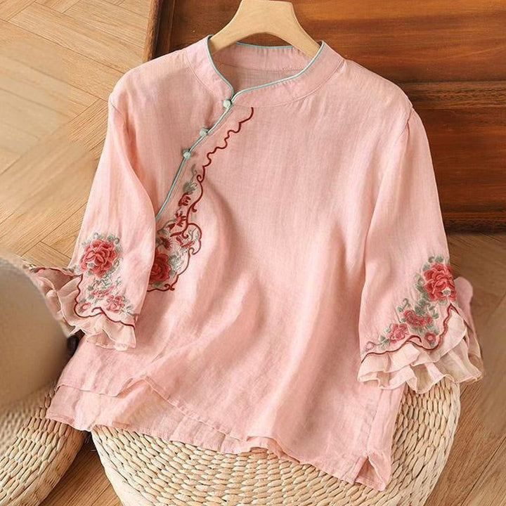 Buddha Stones Casual Loose Peony Embroidery Frog Button Three Quarter Sleeve Women's Shirt - Pink - US14，UK/AU18，EU46 (4XL) - image 1