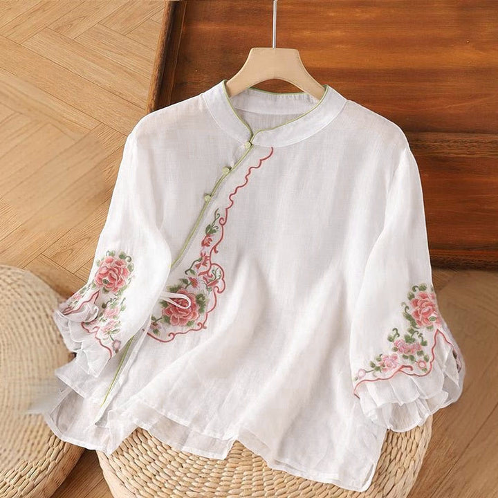 Buddha Stones Casual Loose Peony Embroidery Frog Button Three Quarter Sleeve Women's Shirt - Snow - US12，UK/AU16，EU44 (4XL) - image 2