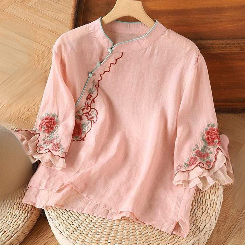 Buddha Stones Casual Loose Peony Embroidery Frog Button Three Quarter Sleeve Women's Shirt - Pink - US12，UK/AU16，EU44 (4XL) - image 1