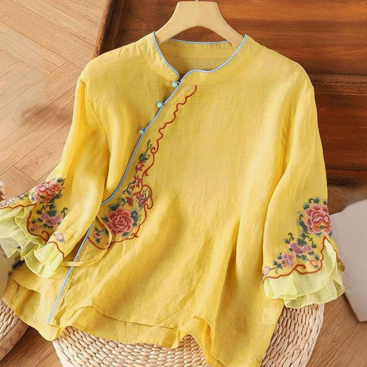 Buddha Stones Casual Loose Peony Embroidery Frog Button Three Quarter Sleeve Women's Shirt - Gold - US12，UK/AU16，EU44 (4XL) - image 0