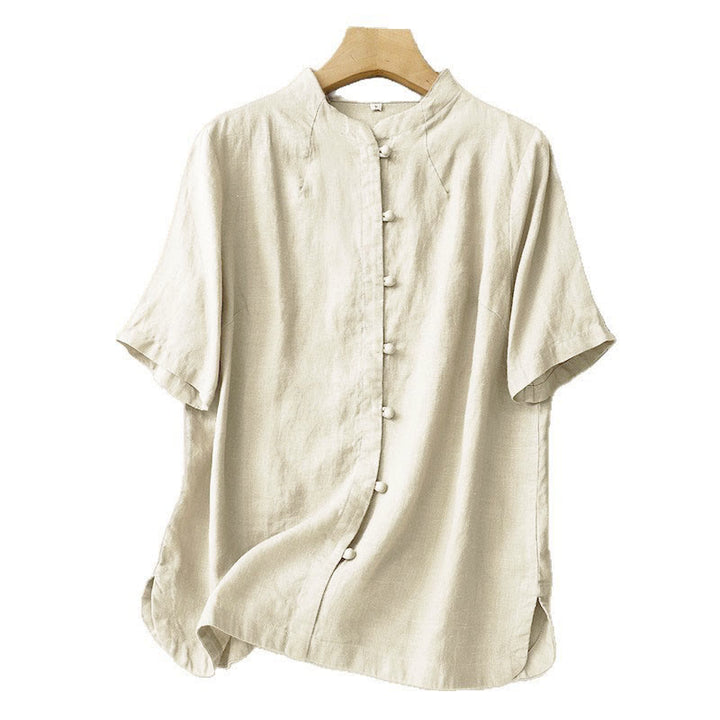 Buddha Stones Summer Women's Short Sleeve Stand Collar Side Slit Frog-Button Design Shirt - image 6