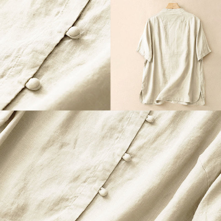 Buddha Stones Summer Women's Short Sleeve Stand Collar Side Slit Frog-Button Design Shirt - image 4