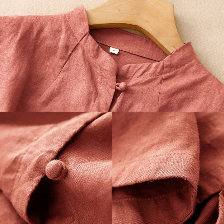 Buddha Stones Summer Women's Cotton Short Sleeve Stand Collar Side Slit Frog-Button Design Shirt - image 12