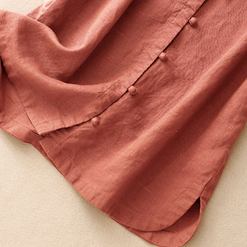 Buddha Stones Summer Women's Cotton Short Sleeve Stand Collar Side Slit Frog-Button Design Shirt - image 10