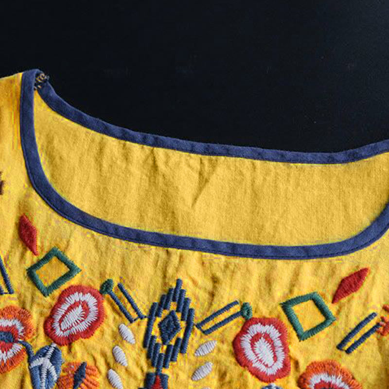 Buddha Stones Retro Artistic Embroidery Floral Pattern Crew Neck Women's Cotton Linen Short Sleeve T-Shirt - image 15