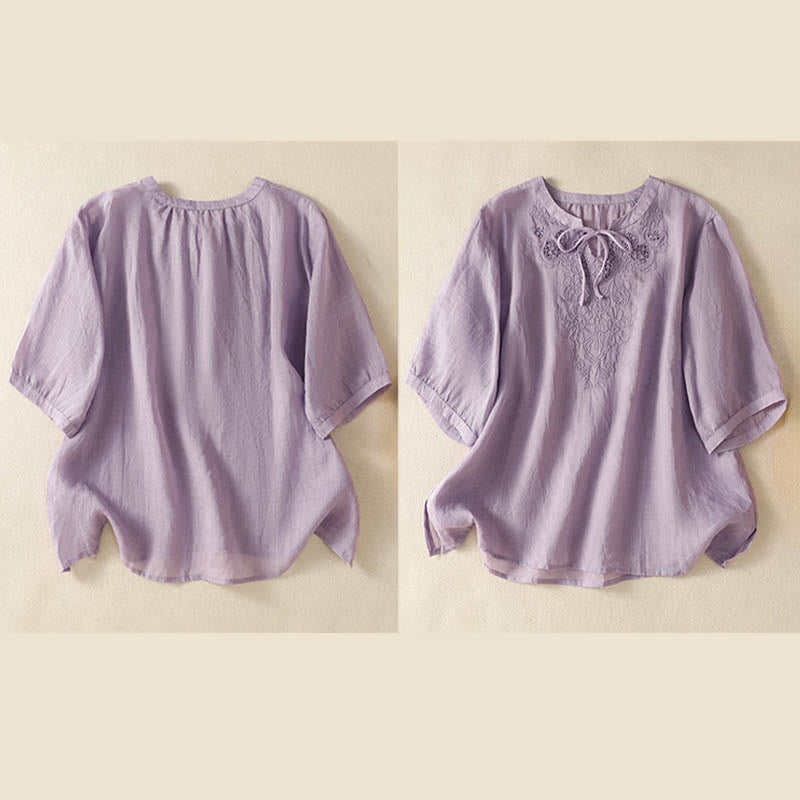 Buddha Stones Summer Embroidery Flower Lace-up Design Notched Collar Women's Short Sleeve Shirt - image 5