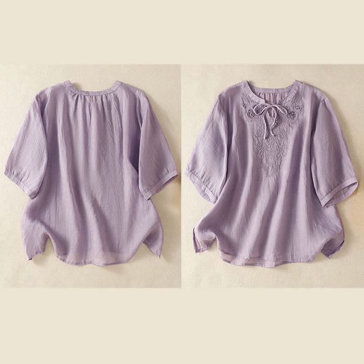 Buddha Stones Summer Embroidery Flower Lace-up Design Notched Collar Women's Short Sleeve Shirt - image 5