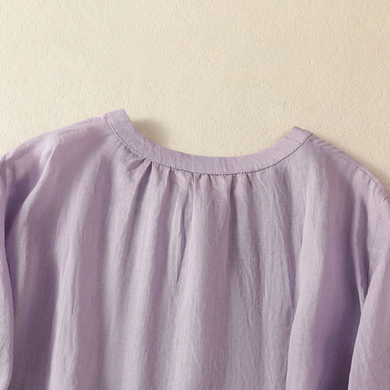 Buddha Stones Summer Embroidery Flower Lace-up Design Notched Collar Women's Short Sleeve Shirt - image 3