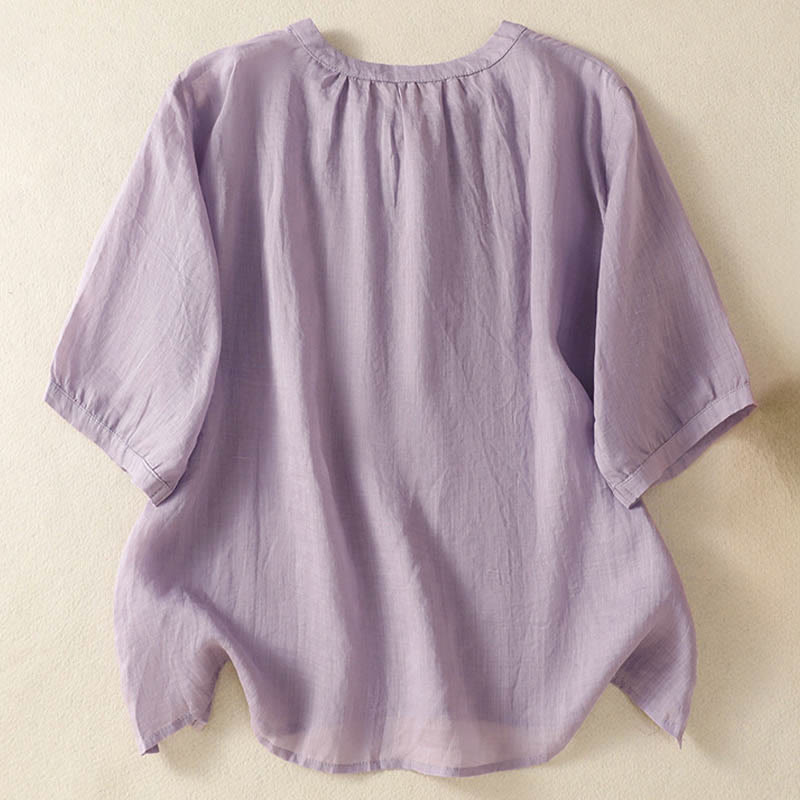 Buddha Stones Summer Embroidery Flower Lace-up Design Notched Collar Women's Short Sleeve Shirt - image 1