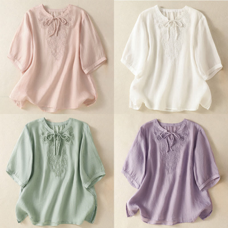 Buddha Stones Summer Embroidery Flower Lace-up Design Notched Collar Women's Short Sleeve Shirt - image 25