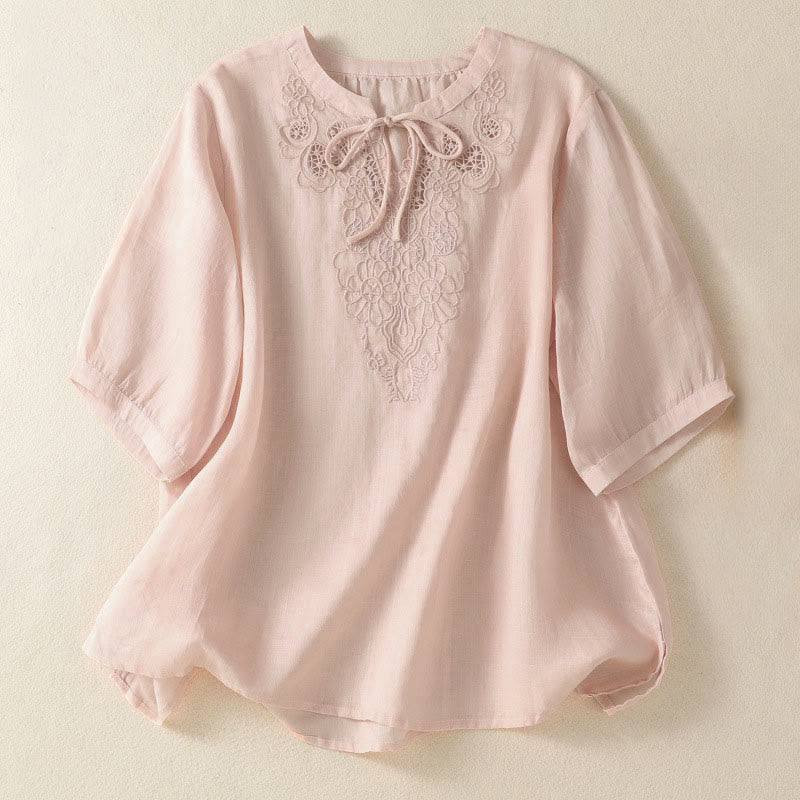 Buddha Stones Summer Embroidery Flower Lace-up Design Notched Collar Women's Short Sleeve Shirt - MistyRose - US8-10，UK/AU12-14，EU40-42 (2XL) - image 16