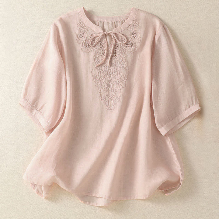 Buddha Stones Summer Embroidery Flower Lace-up Design Notched Collar Women's Short Sleeve Shirt - MistyRose - US8-10，UK/AU12-14，EU40-42 (2XL) - image 16