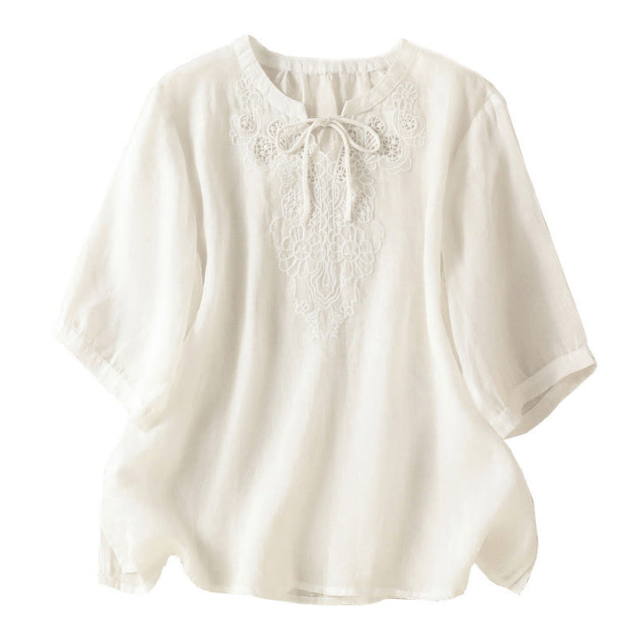 Buddha Stones Summer Embroidery Flower Lace-up Design Notched Collar Women's Short Sleeve Shirt - image 15