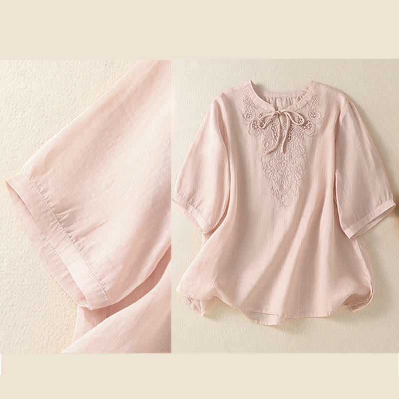 Buddha Stones Summer Embroidery Flower Lace-up Design Notched Collar Women's Short Sleeve Shirt - image 23