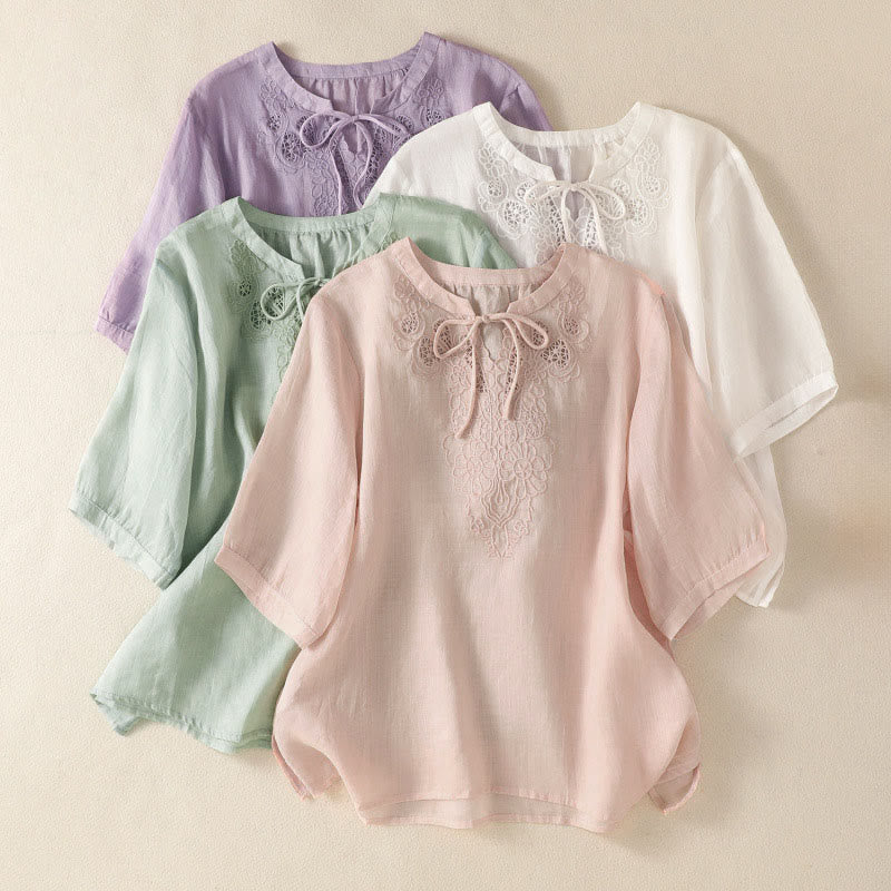 Buddha Stones Summer Embroidery Flower Lace-up Design Notched Collar Women's Short Sleeve Shirt - image 24