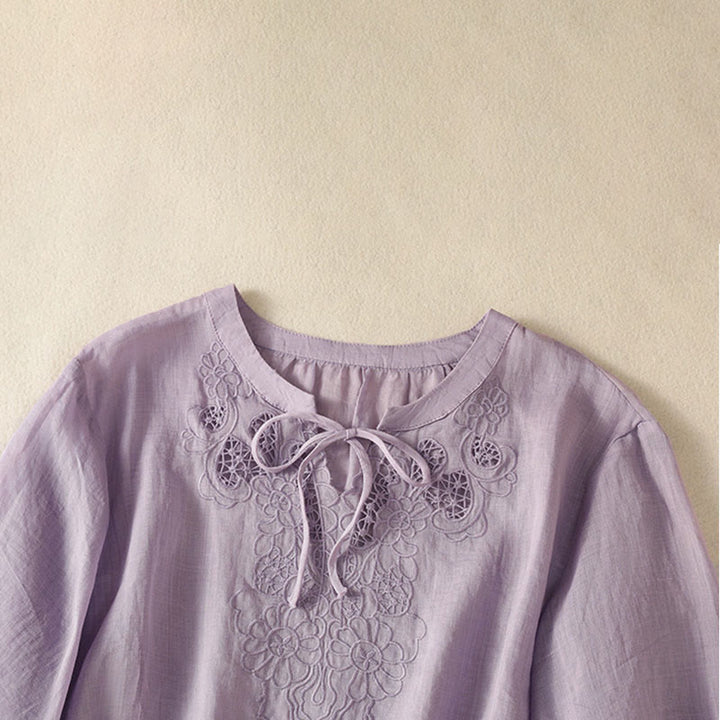 Buddha Stones Summer Embroidery Flower Lace-up Design Notched Collar Women's Short Sleeve Shirt - image 2