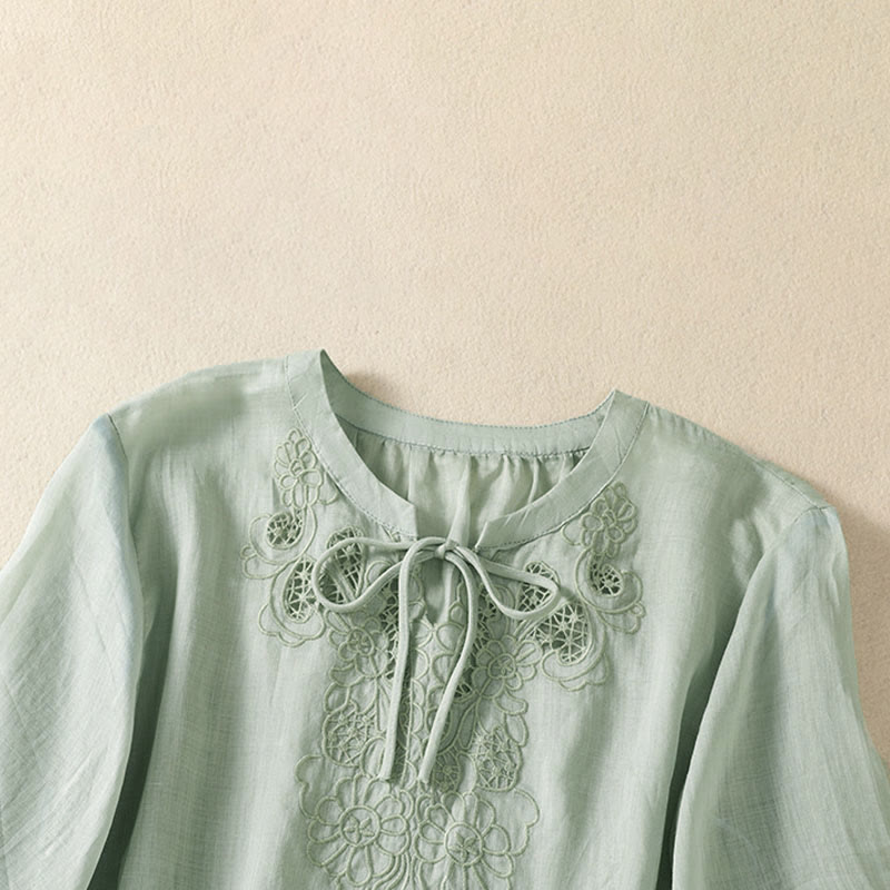 Buddha Stones Summer Embroidery Flower Lace-up Design Notched Collar Women's Short Sleeve Shirt - image 8