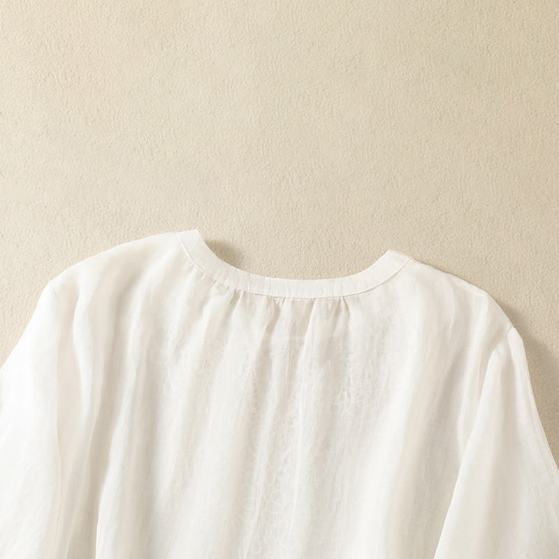 Buddha Stones Summer Embroidery Flower Lace-up Design Notched Collar Women's Short Sleeve Shirt - image 13