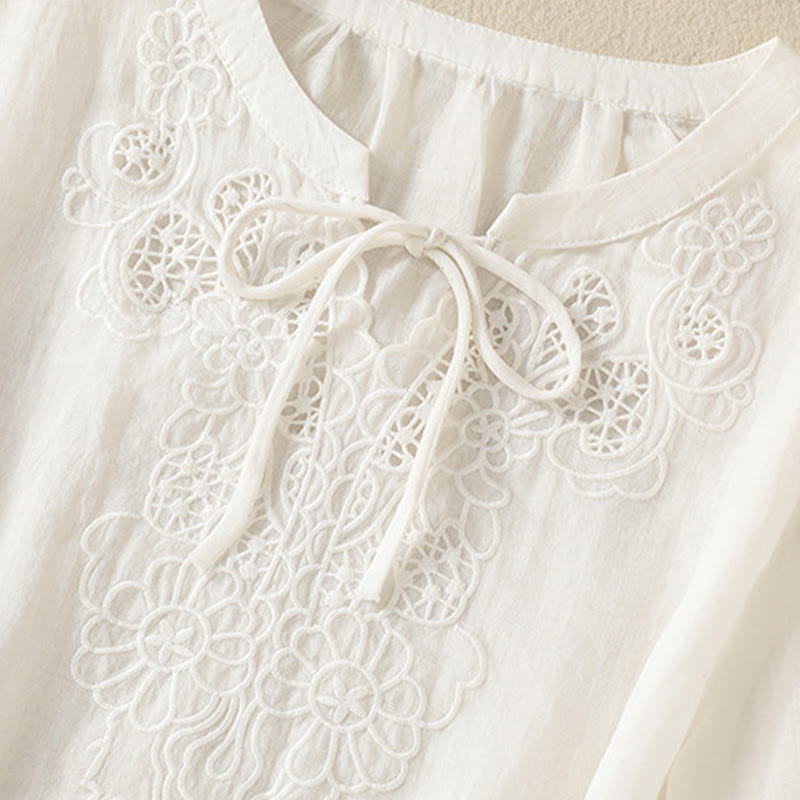 Buddha Stones Summer Embroidery Flower Lace-up Design Notched Collar Women's Short Sleeve Shirt - image 12