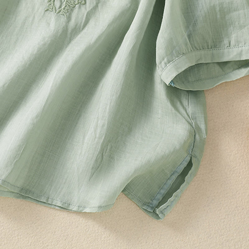 Buddha Stones Summer Embroidery Flower Lace-up Design Notched Collar Women's Short Sleeve Shirt - image 9