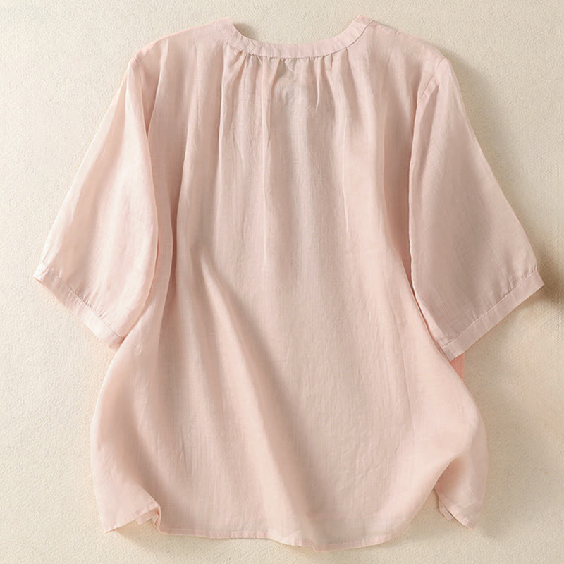 Buddha Stones Summer Embroidery Flower Lace-up Design Notched Collar Women's Short Sleeve Shirt - image 17