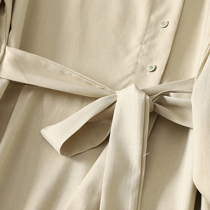 Buddha Stones Plain Lace-up Long Sleeve Half Buttons Design High Neck Women's Cotton Midi Dress With Pockets - image 4